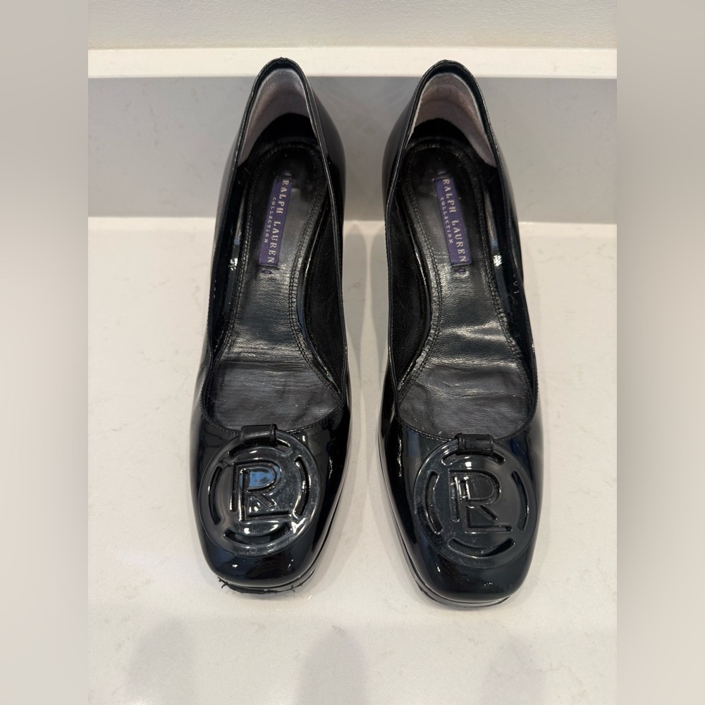 Ralph Lauren Purple Label Black Patent Leather Block Heel Pumps Size 37 US 6.5